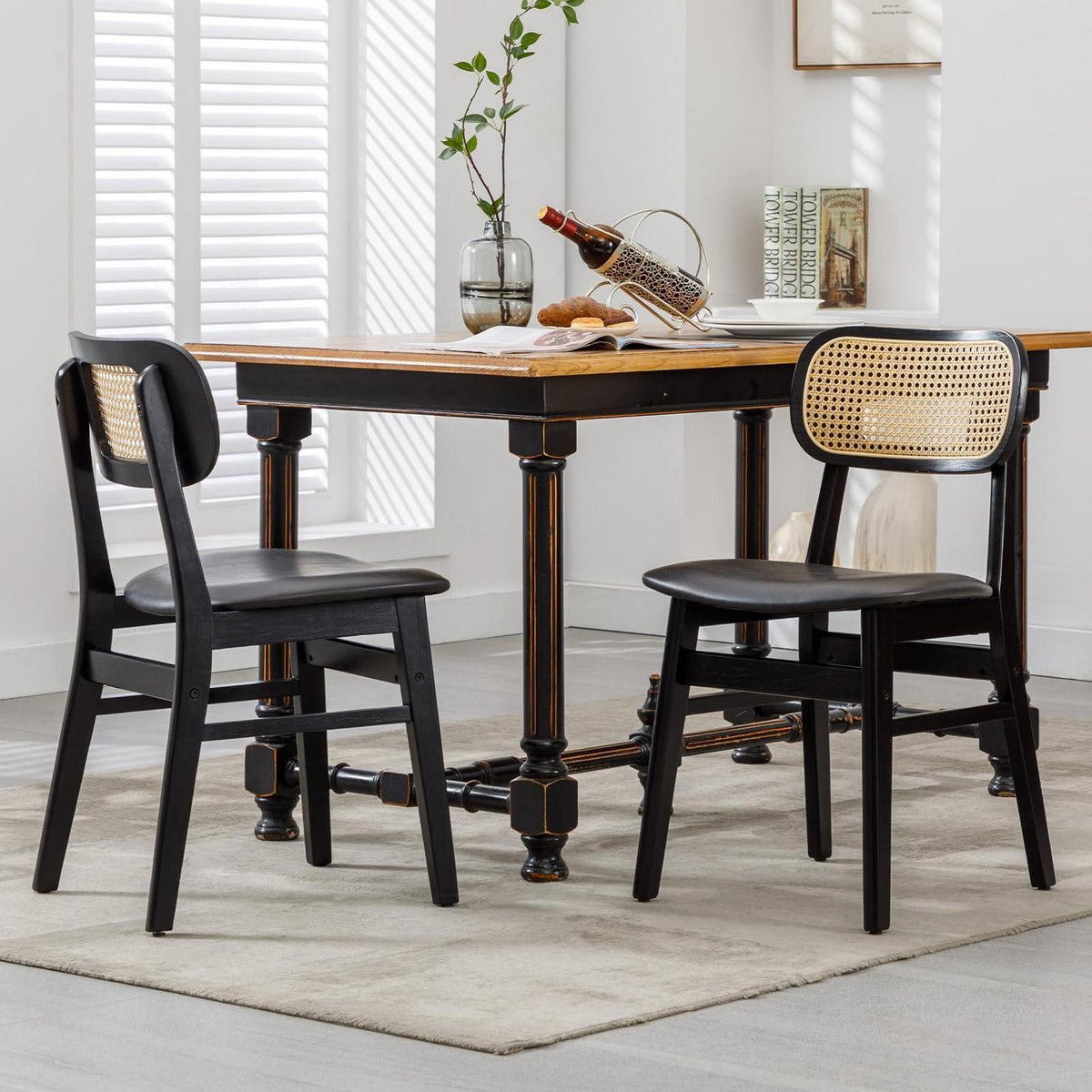 Esszimmerstuhl Set Holz mit Rattan Rückenlehne Schwarz in Lederoptik