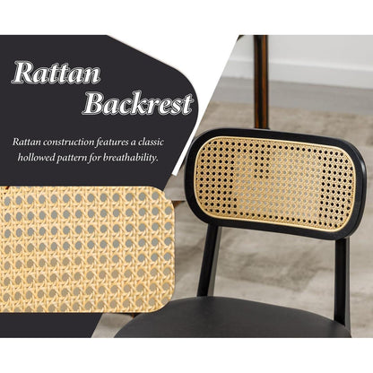 Esszimmerstuhl Set Holz mit Rattan Rückenlehne Schwarz in Lederoptik