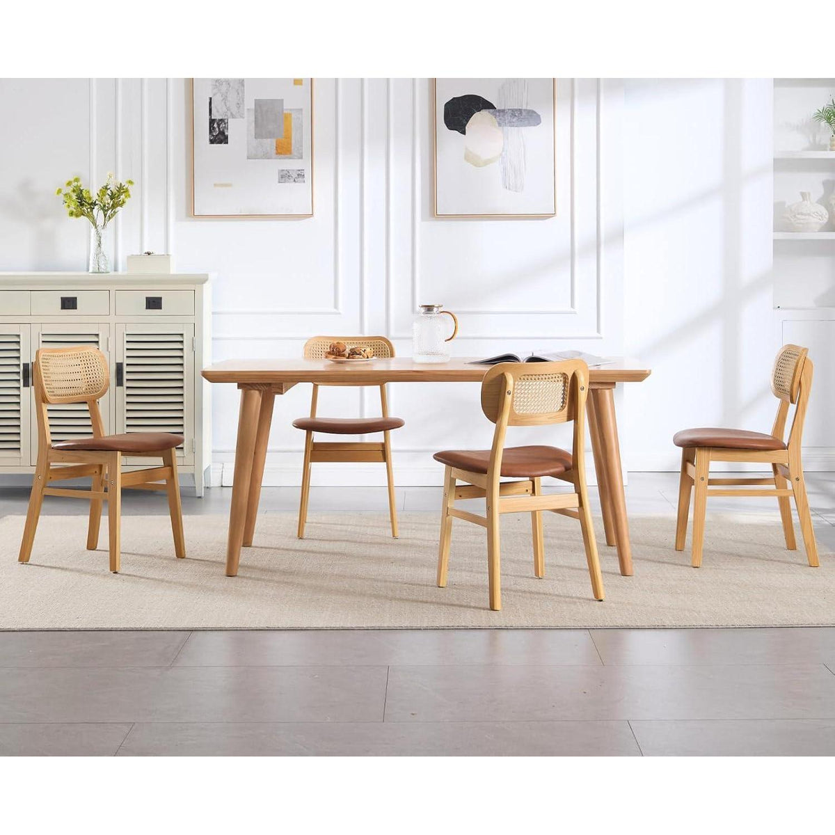 Esszimmerstuhl Set Holz mit Rattan Rückenlehne Braun in Lederoptik