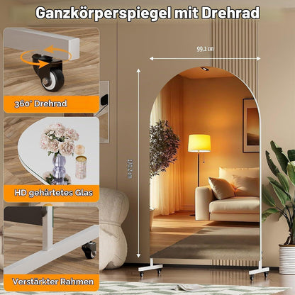 Ganzkörperspiegel 170x100cm, 360° Drehbar, Rollbar & Gewölbt
