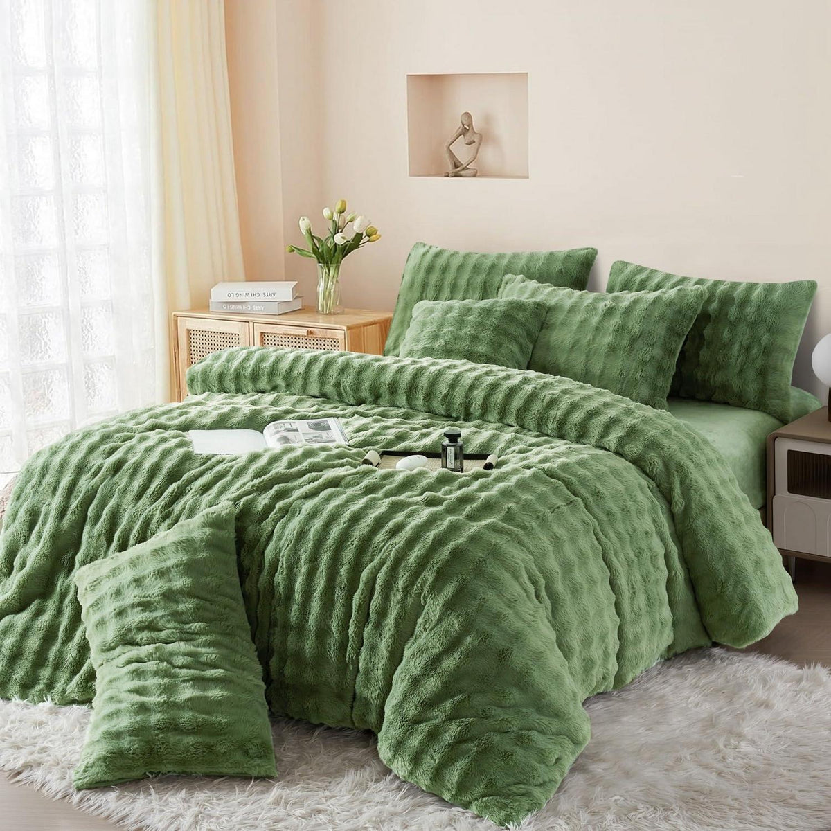 Plüsch Bettwäsche Set 200x220 - Warmes Grün, Flauschig & Weich