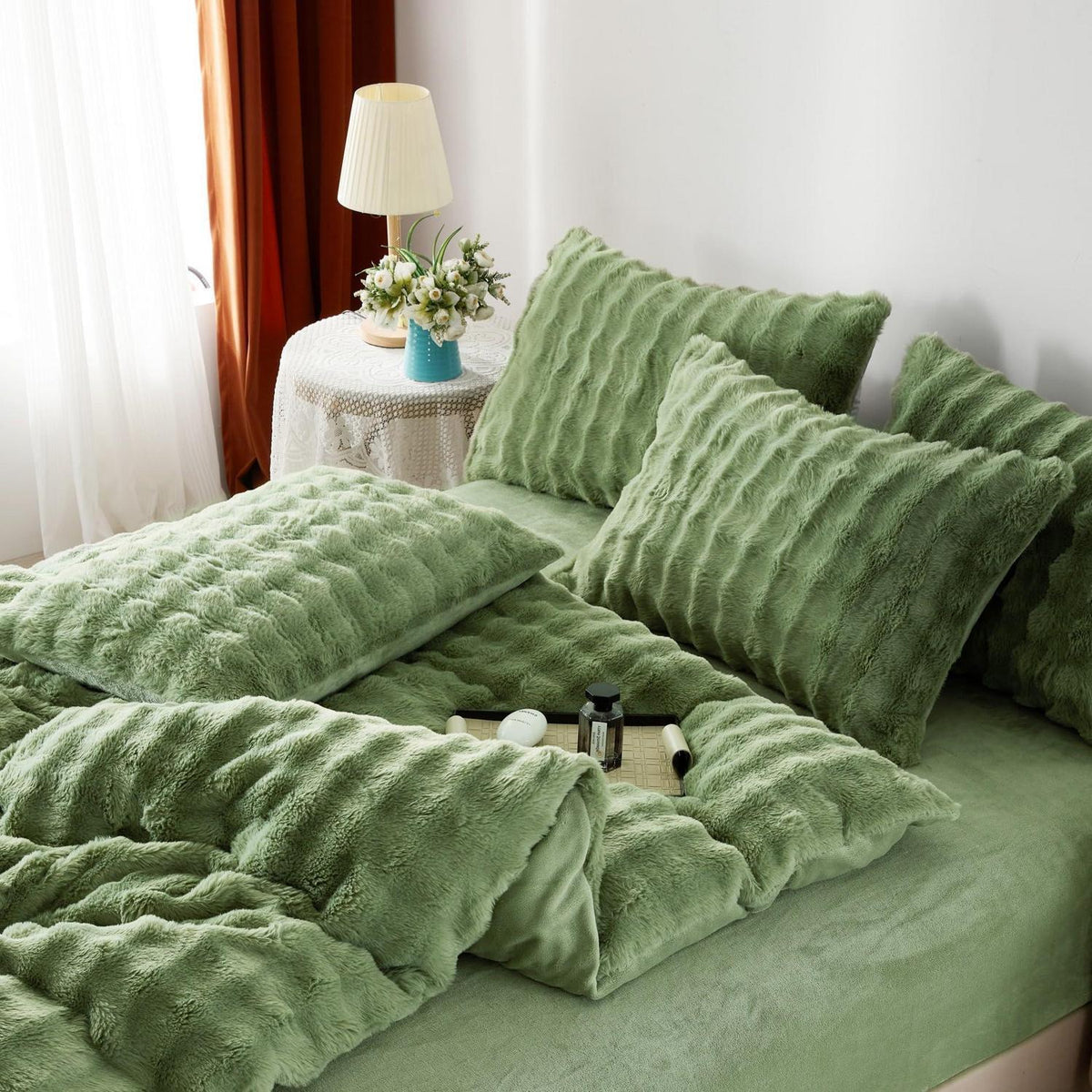 Langhaar Plüsch Bettwäsche Set 220x240 Grün, Superweich & Warm