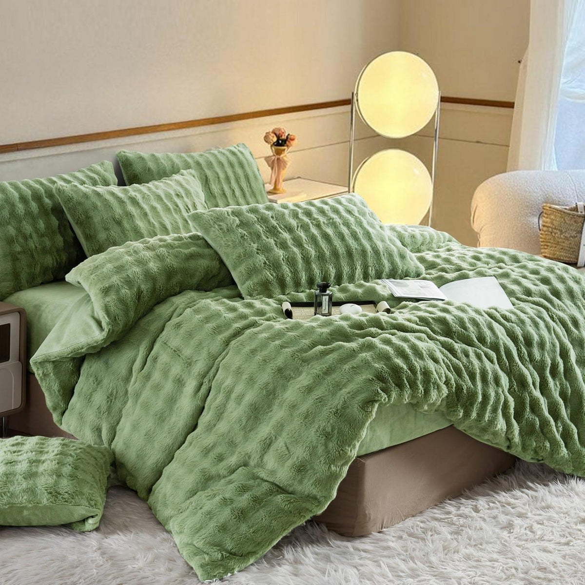 Langhaar Plüsch Bettwäsche Set 135x200 Winterwarm Grün