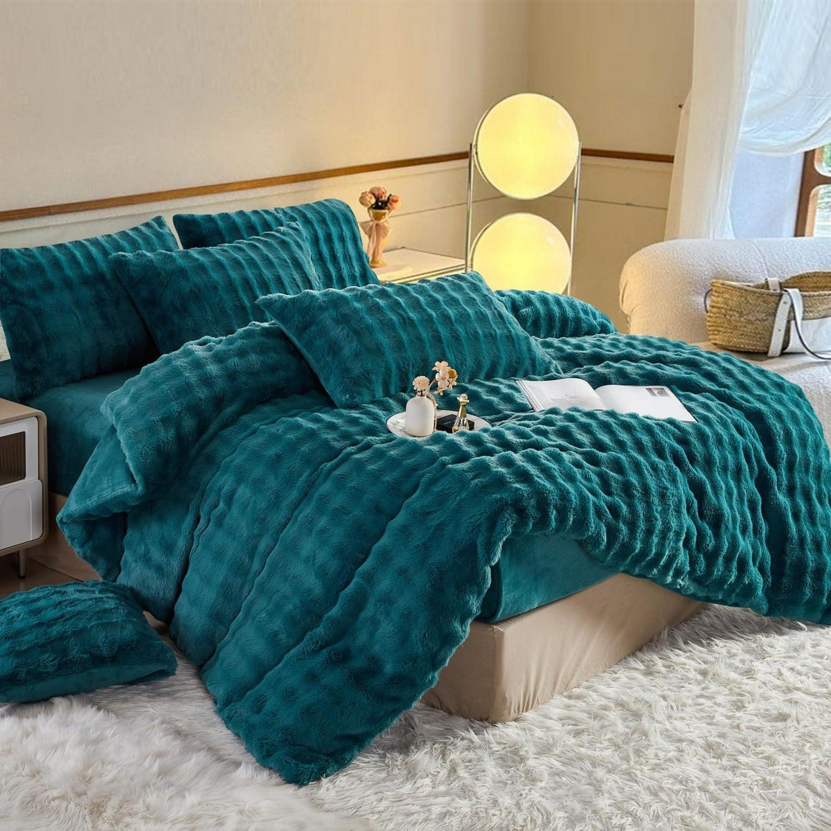 Langhaar Plüsch Bettwäsche Set 135x200 Petrol - Winterwarm & Flauschig