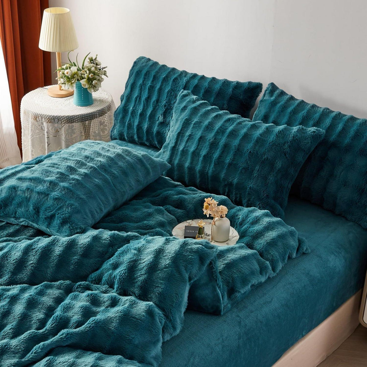 Langhaar Plüsch Bettwäsche Set 135x200 Petrol - Winterwarm & Flauschig