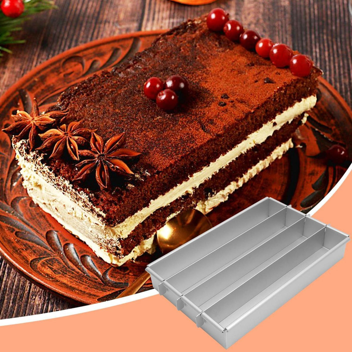 Rechteckige Tiramisu-Form aus Aluminium | 4 Fächer Kuchenrahmen