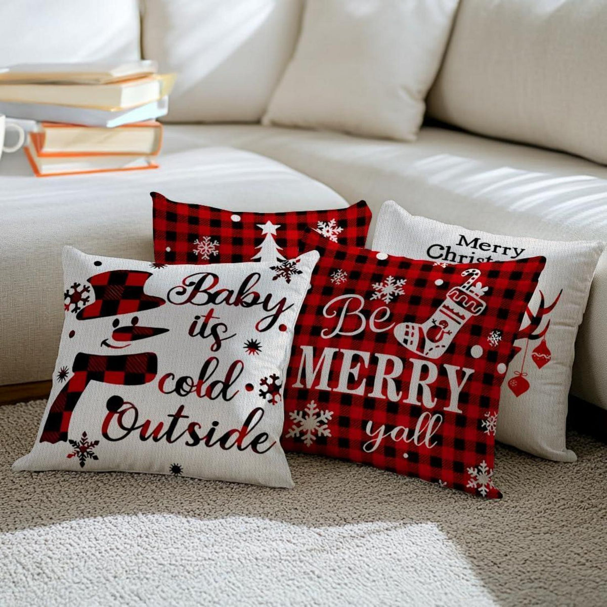 Weihnachtskissenbezüge 4er Set 45x45cm Tartan Rot Schwarz