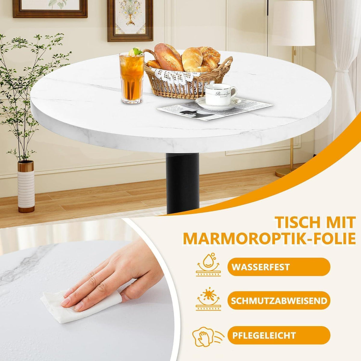 Runder Esstisch 80cm Weiß – Küchentisch mit Marmoroptik