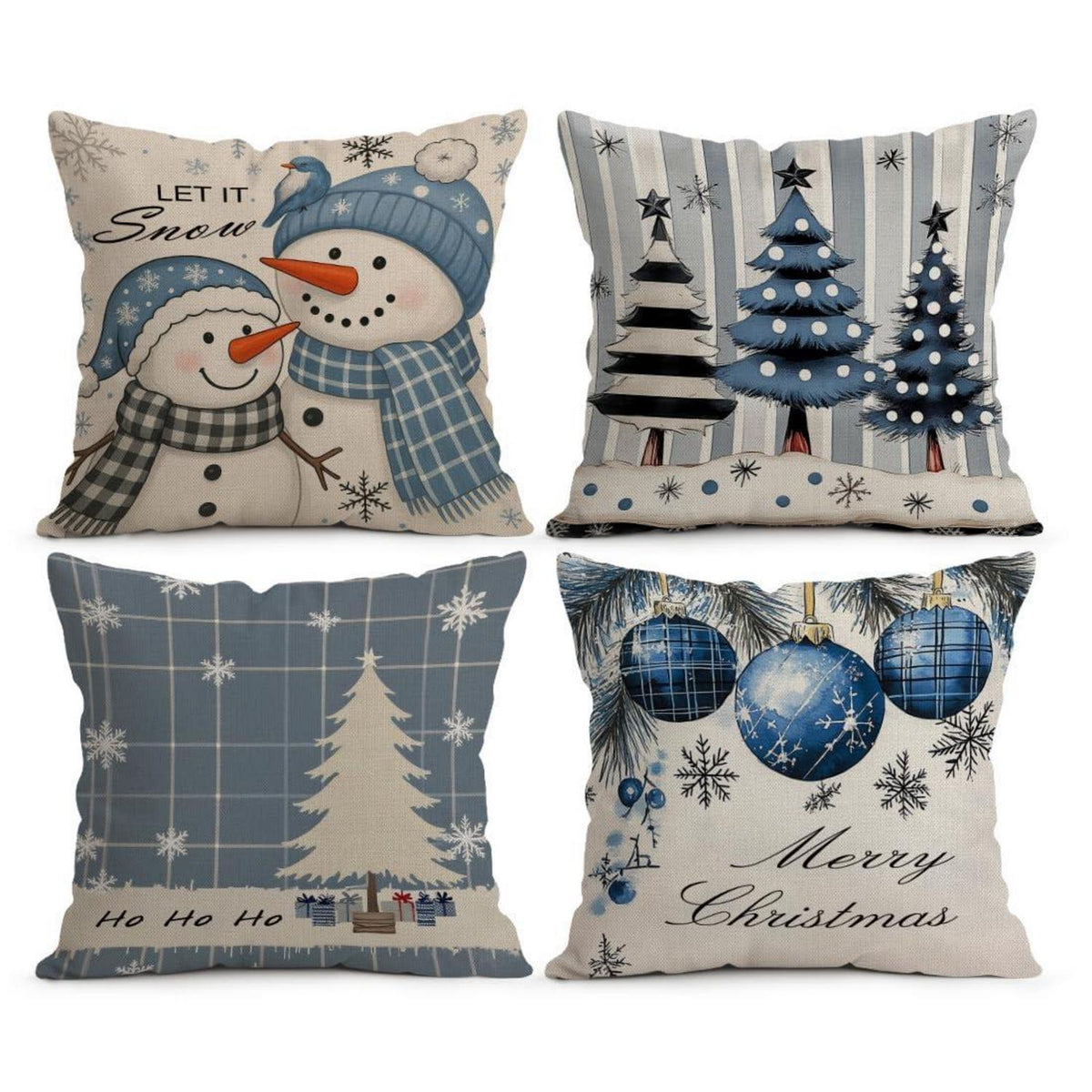 Weihnachtskissenbezüge 45x45cm, 4er Set, Blau mit Wintermotiv