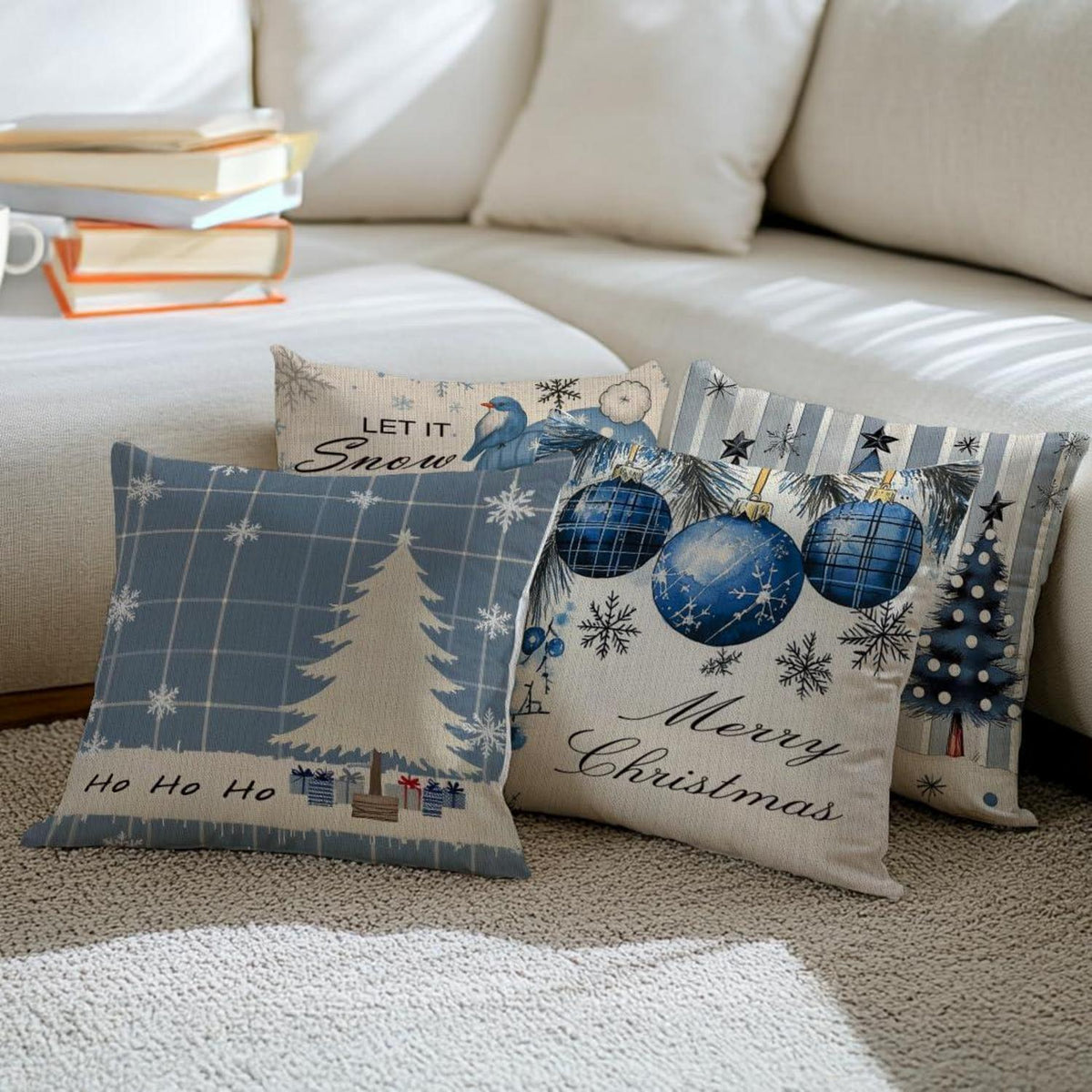 Weihnachtskissenbezüge 45x45cm, 4er Set, Blau mit Wintermotiv