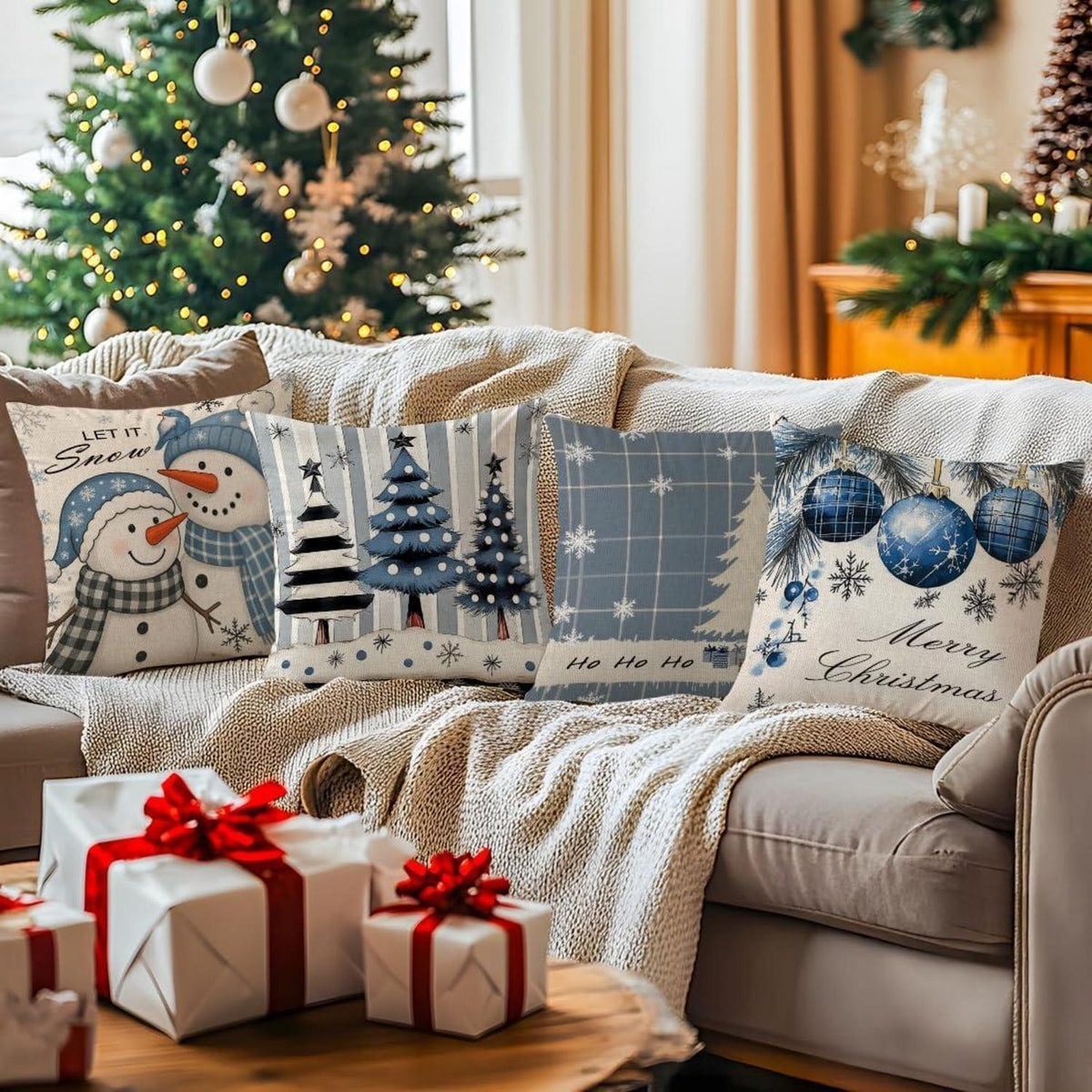 Weihnachtskissenbezüge 45x45cm, 4er Set, Blau mit Wintermotiv