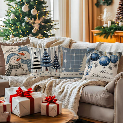 Weihnachtskissenbezüge 45x45cm, 4er Set, Blau mit Wintermotiv