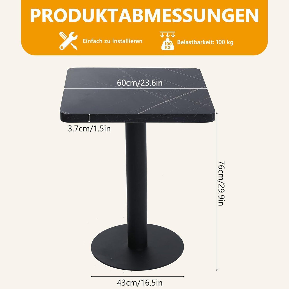 Mingone Esszimmertisch 60x60 Schwarz Marmoroptik