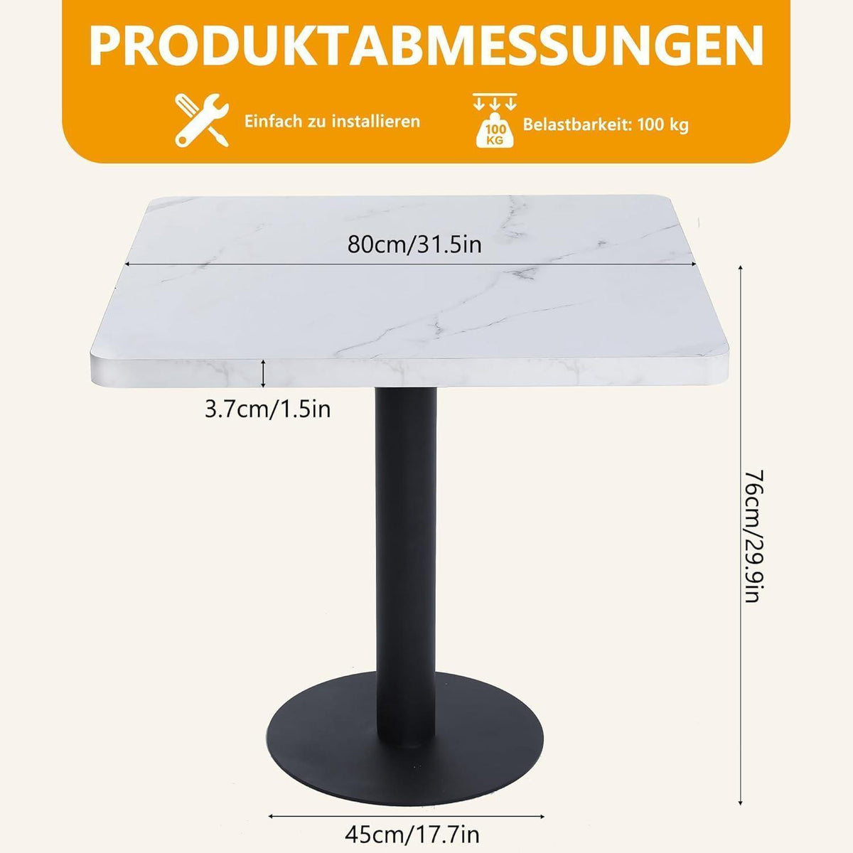 Mingone Esszimmertisch 80x80cm Weiß Marmoroptik