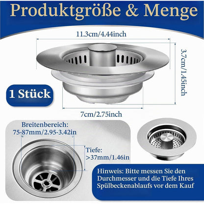 Abflusssieb Spüle 3in1 Edelstahl Pop-up mit Filterkorb