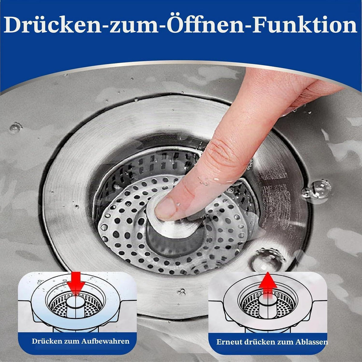 Abflusssieb Spüle 3in1 Edelstahl Pop-up mit Filterkorb