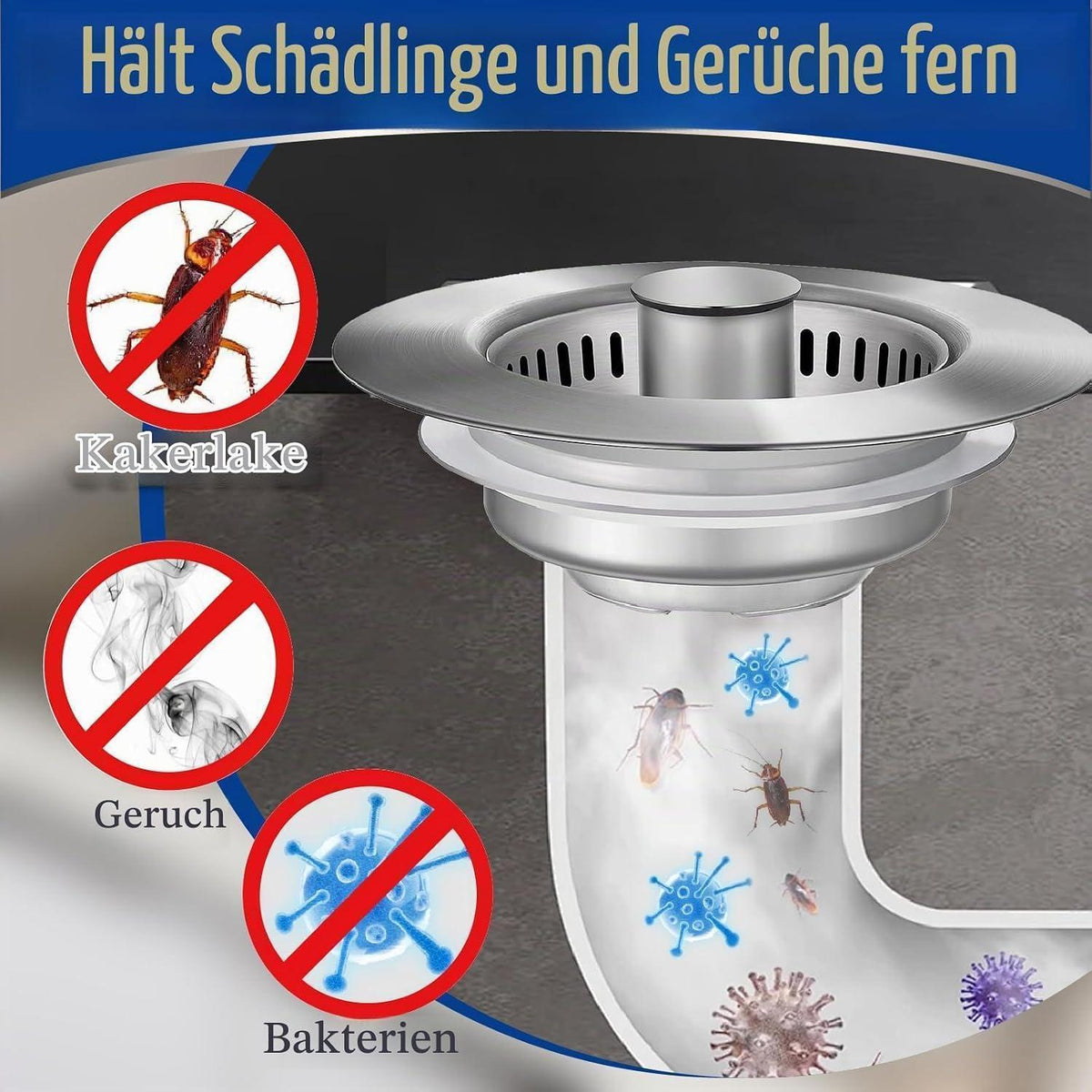 Abflusssieb Spüle 3in1 Edelstahl Pop-up mit Filterkorb