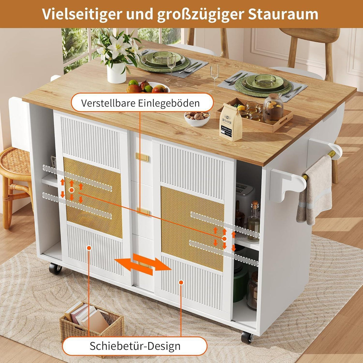 Klappbarer Küchenwagen mit Arbeitsplatte & Stauraum Weiß