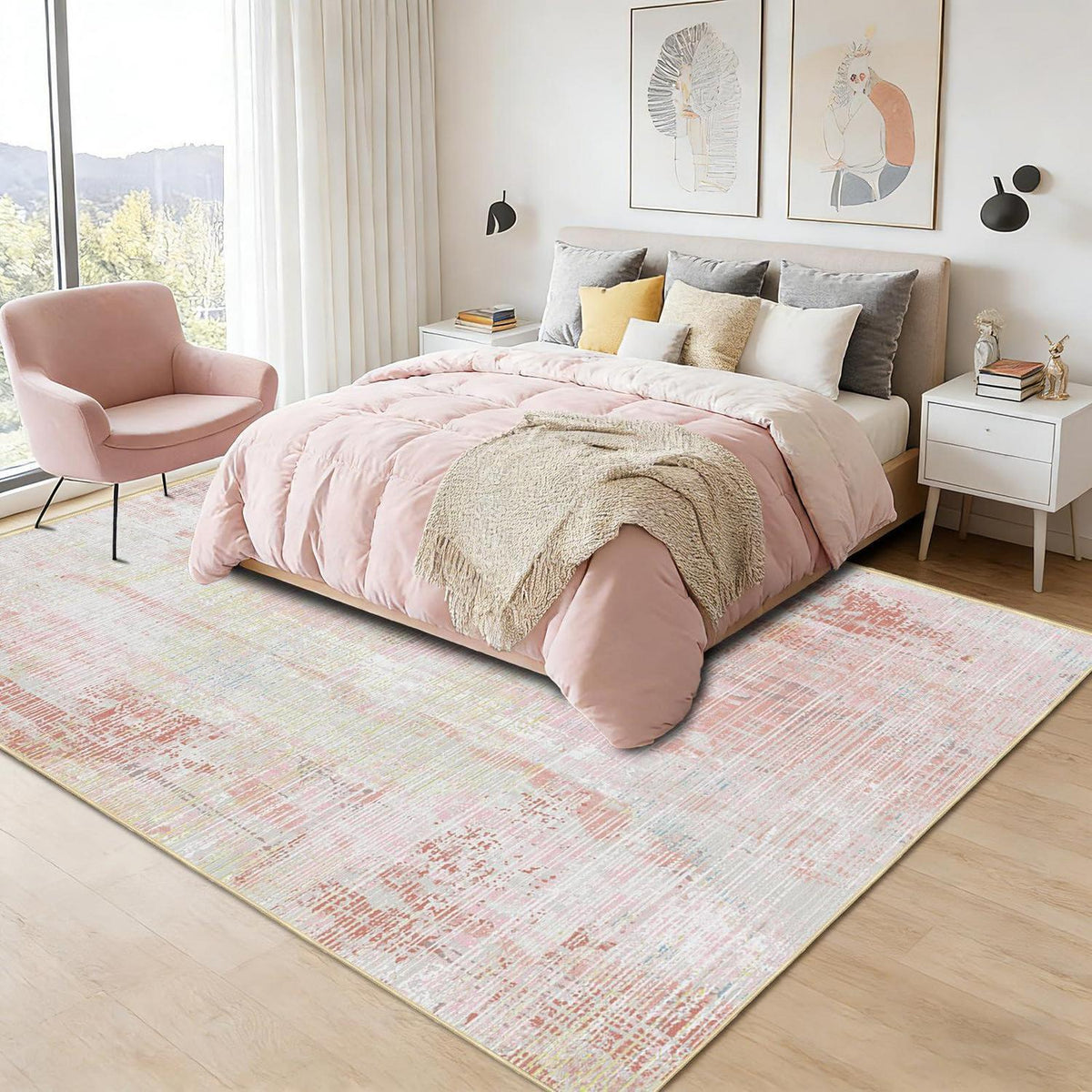Vintage Teppich Altrosa Rosa 160x200cm – Weicher Kurzflor Teppich