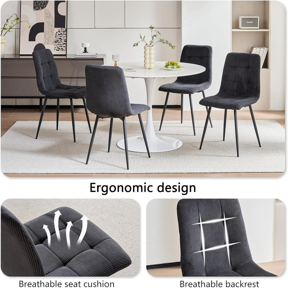 4er-Set Esszimmerstühle Nordic, Schwarz, Cord & Metall