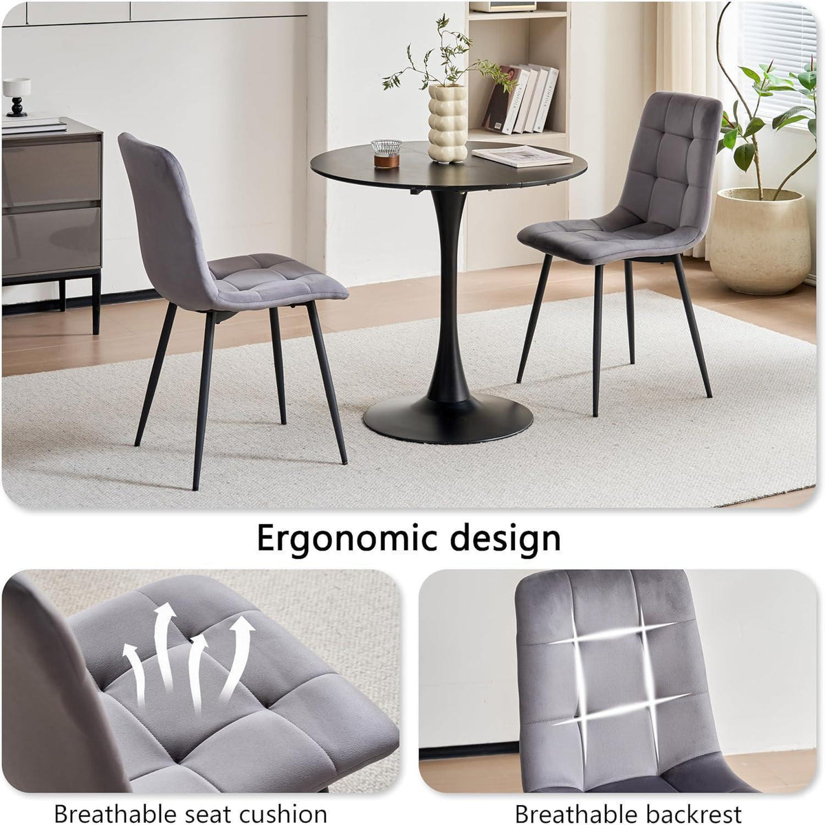 4er-Set Esszimmerstühle Samt, Schwarz & Dunkelgrau