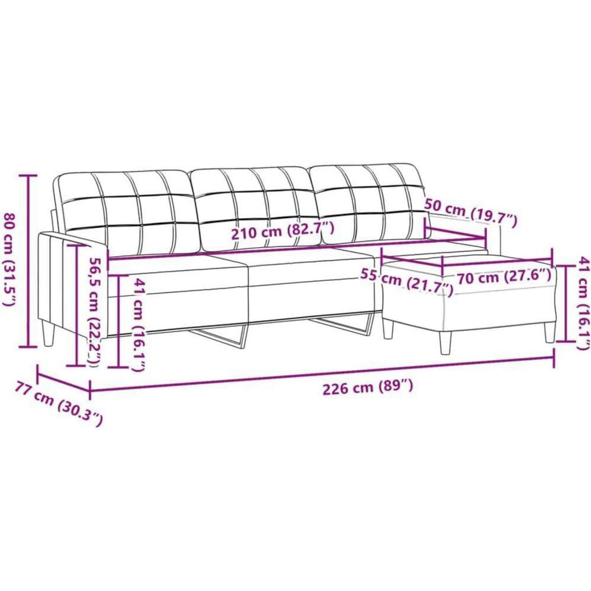 3-Sitzer Sofa mit Hocker, Braun – Schlafsofa 210 cm