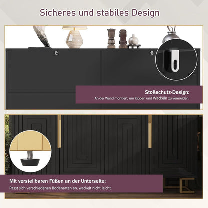 Sideboard Schwarz mit 2 Türen & 4 Fächern – Geometrisches Design