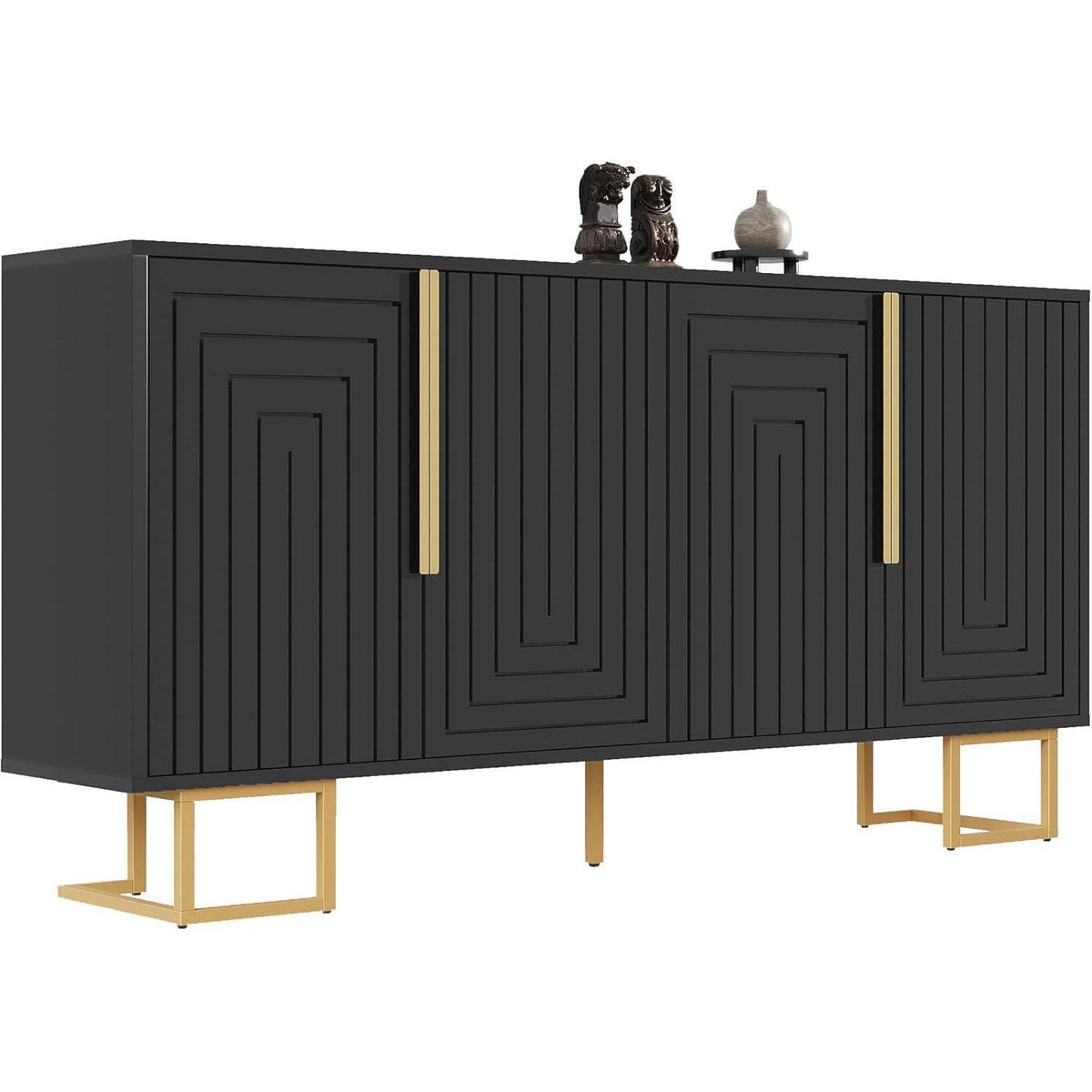 Sideboard Schwarz mit 2 Türen & 4 Fächern – Geometrisches Design