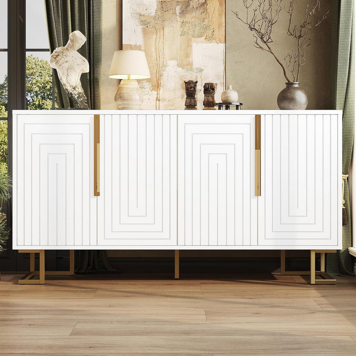Weißes Sideboard mit 2 Türen & 4 Fächern – Geometrisches Design