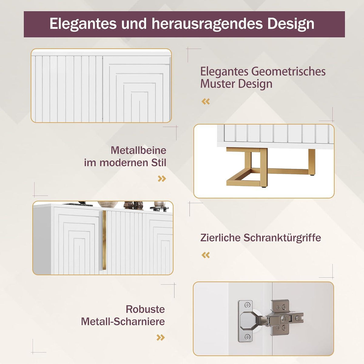 Weißes Sideboard mit 2 Türen & 4 Fächern – Geometrisches Design