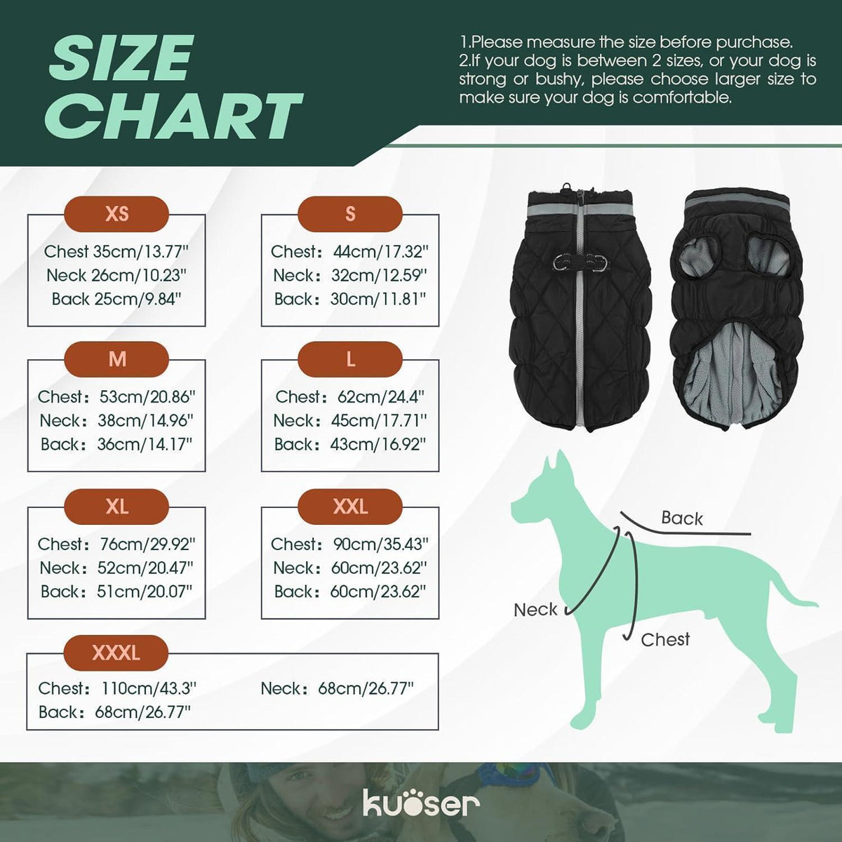 Kuoser Hundemantel Winter Wasserdicht & Winddicht Schwarz XS