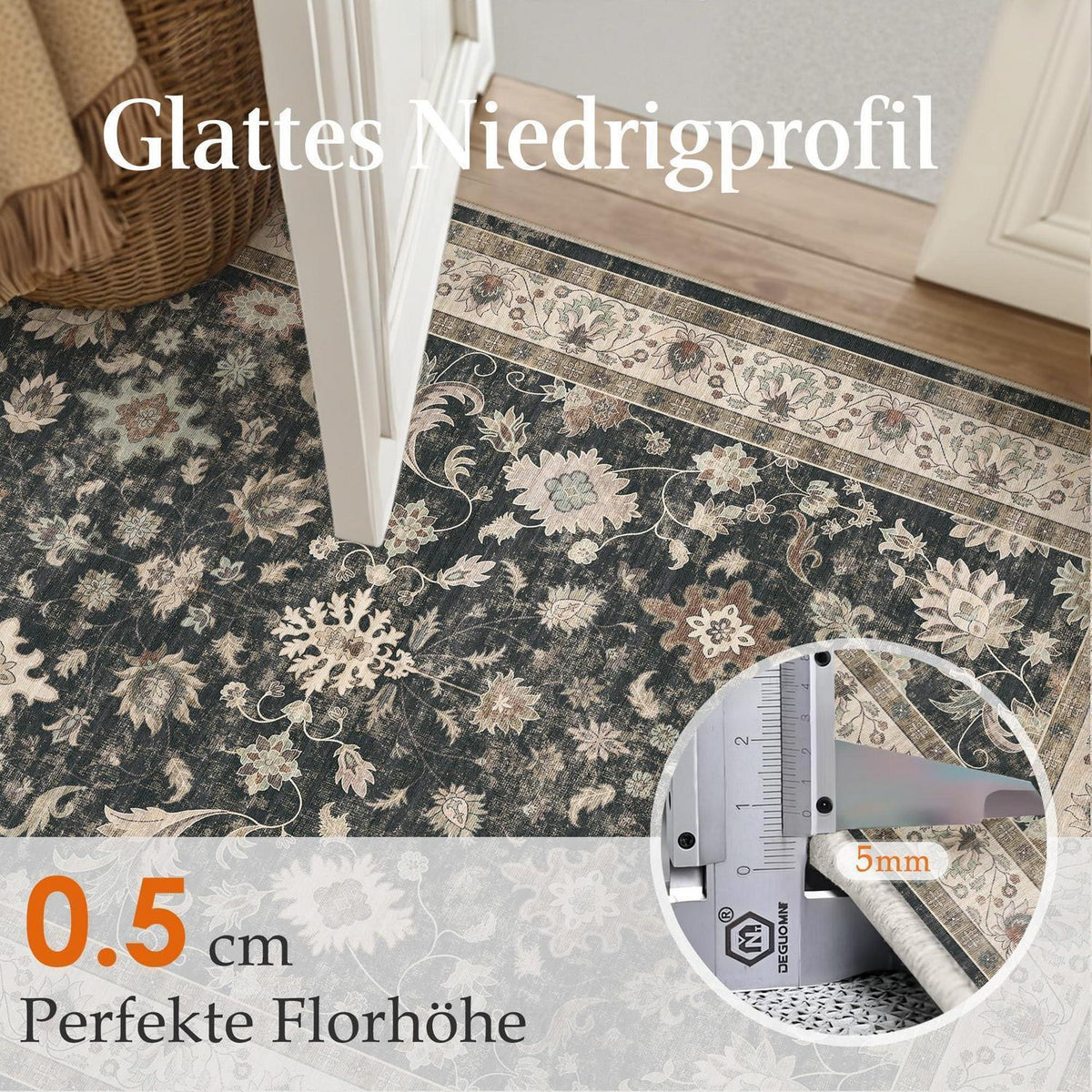 Waschbarer Teppich Schwarz 160x230cm – Vintage Wohnzimmer Teppich