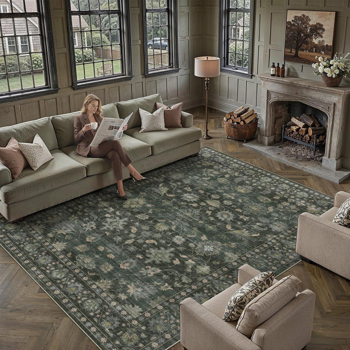 Waschbarer Teppich Grün 200x300cm – Vintage Wohnzimmerteppich