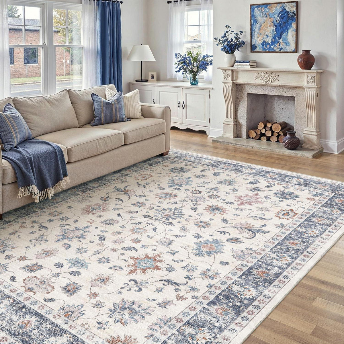 Waschbarer Teppich Blau & Weiß 200x300cm – Vintage Wohnzimmerteppich