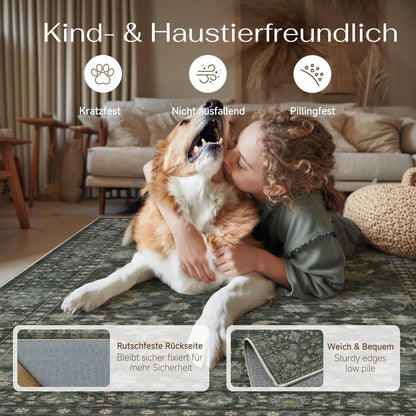 Vintage Teppich Grün 60x240cm - Waschbar & Rutschfest