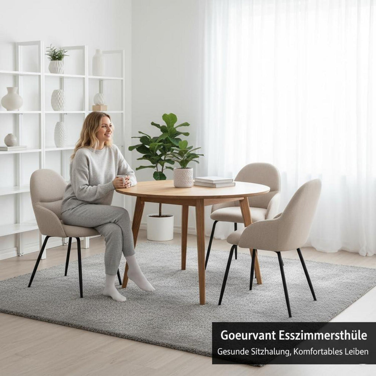 Esszimmerstühle 4er Set mit Armlehne – Beige Leinen & Metall