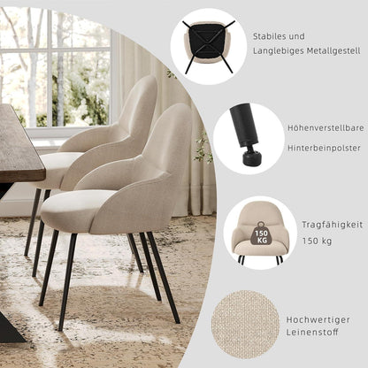 Esszimmerstühle 4er Set mit Armlehne – Beige Leinen & Metall