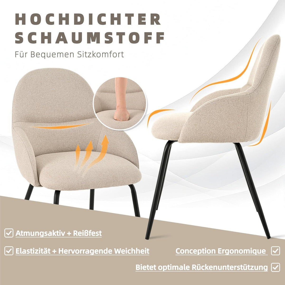 Esszimmerstühle 4er Set mit Armlehne – Beige Leinen & Metall