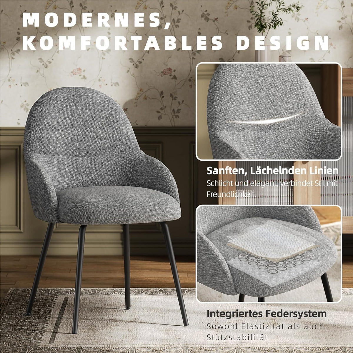 Esszimmerstühle 4er Set mit Armlehne – Hellgrau & Modern