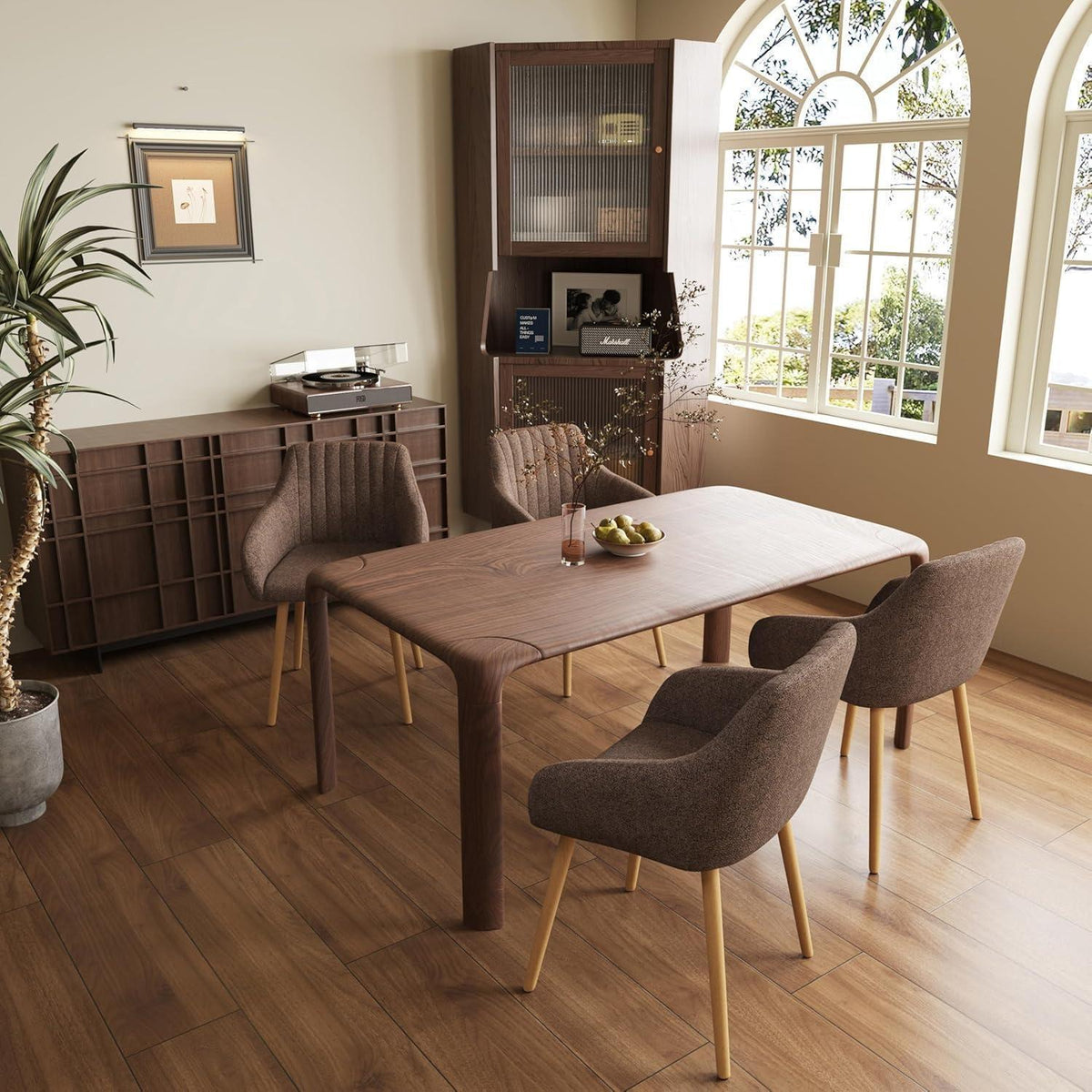 Esszimmerstühle Set 4er Beige Holzbeine mit Armlehne