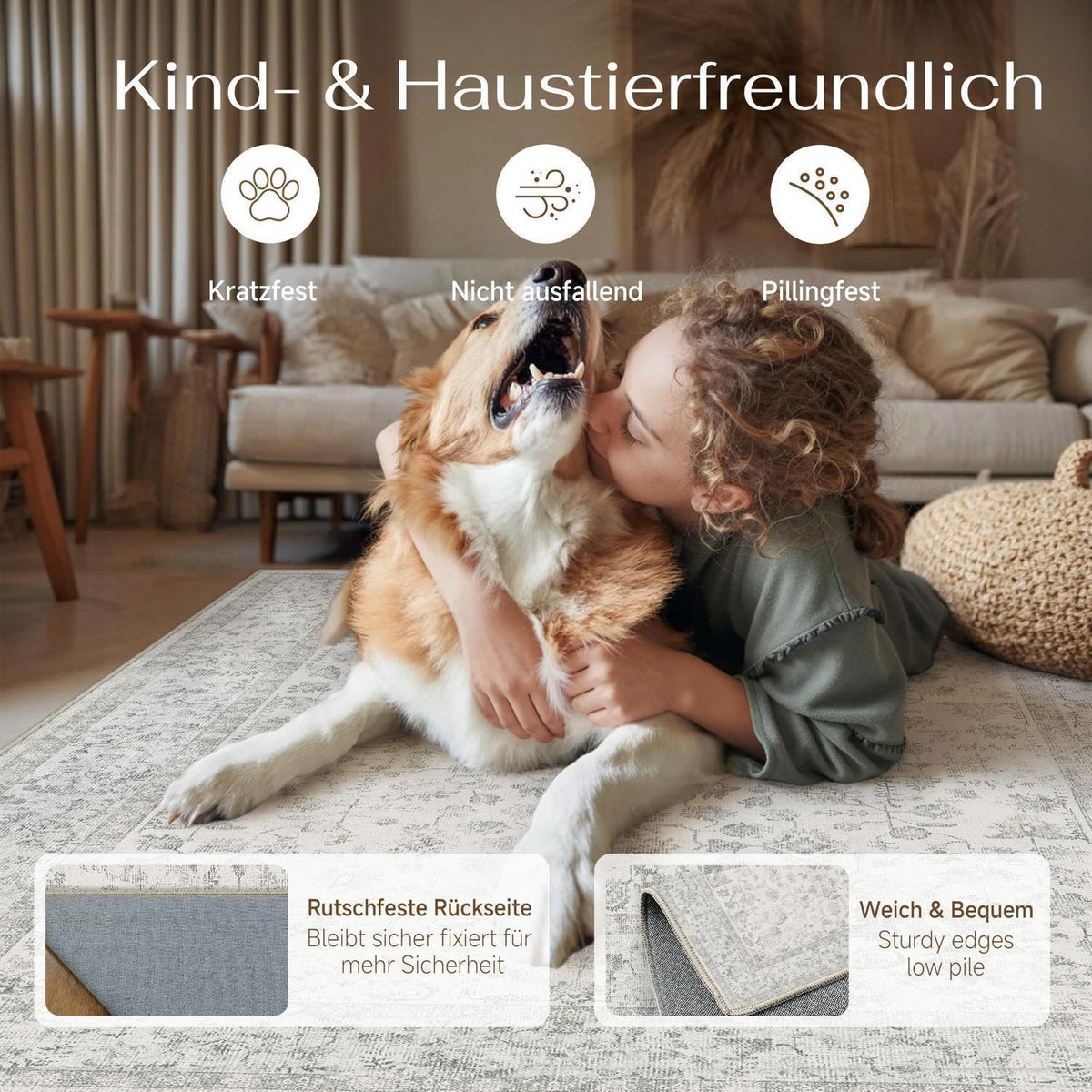 Grauer Vintage Wohnzimmerteppich 240x300cm – Weich & Rutschfest