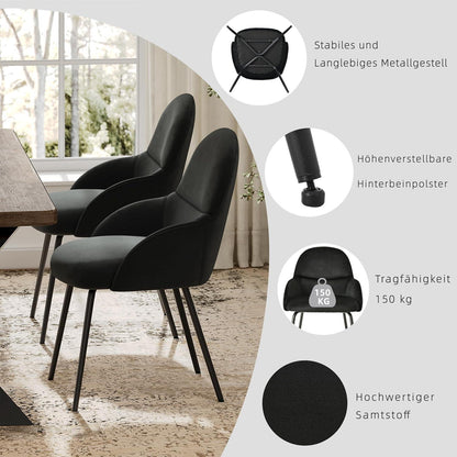 Esszimmerstühle 4er Set mit Armlehne – Schwarz Samt & Metall