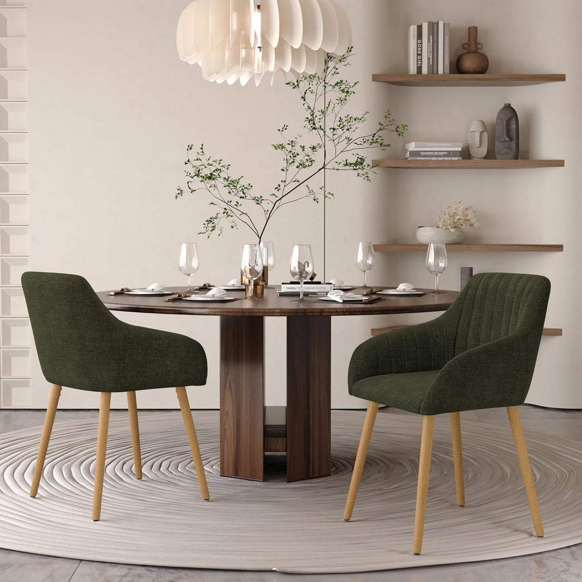 Esszimmerstühle Set 2 Beige Holzbeine mit Armlehne & Grün