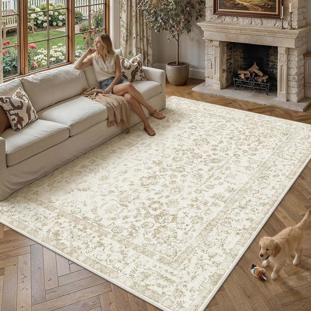 Beiger Wohnteppich 240x300cm – Waschbar & Rutschfest