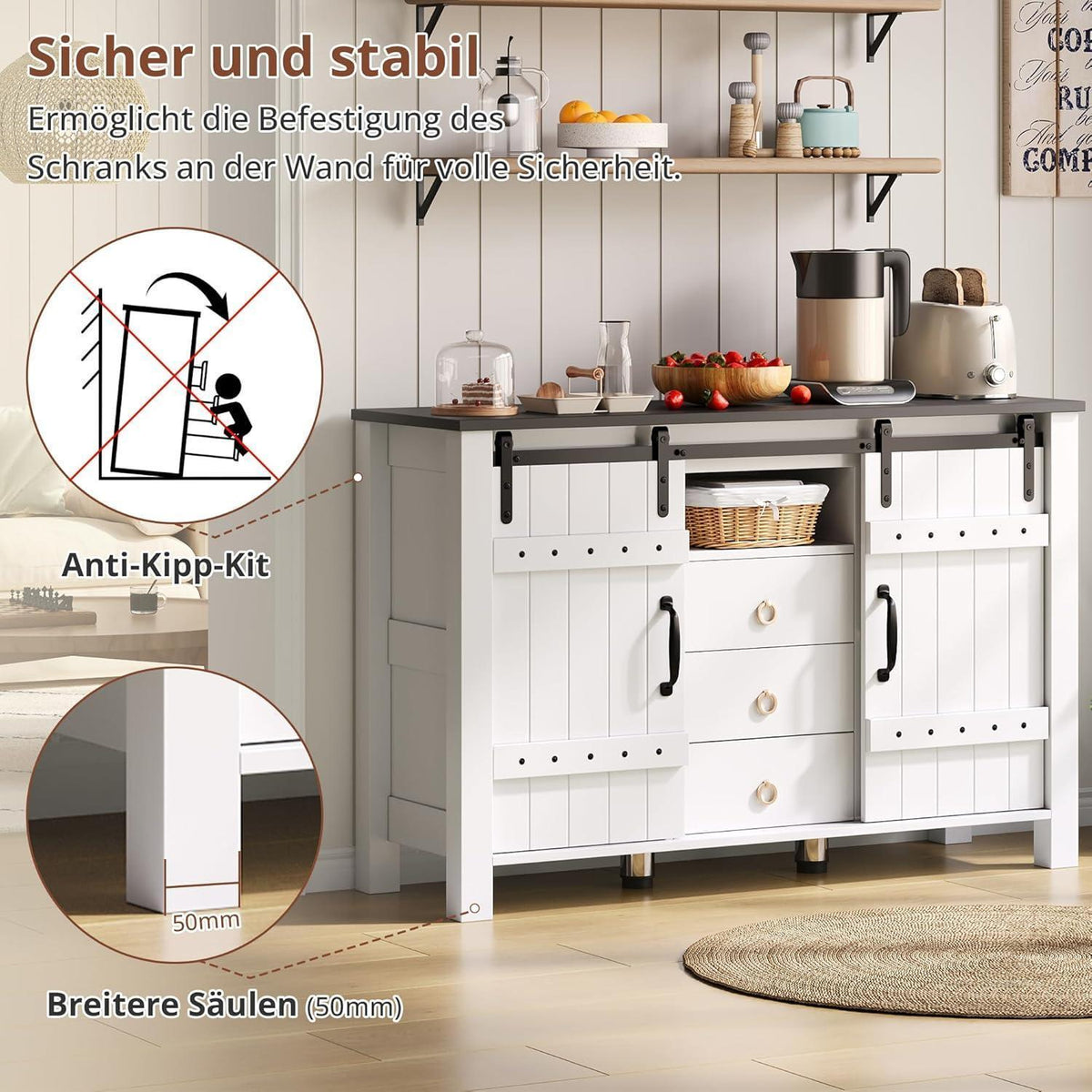 Weisse Kommode mit 3 Schubladen & Schiebetüren – 120x40x80cm