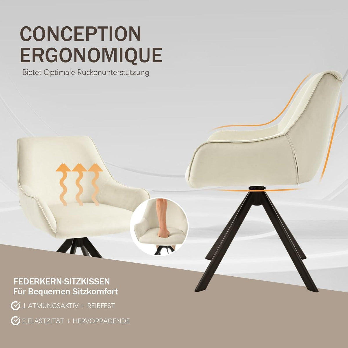 Drehbarer Esszimmerstuhl Set 4er – Samt, Cremeweiß, Modern