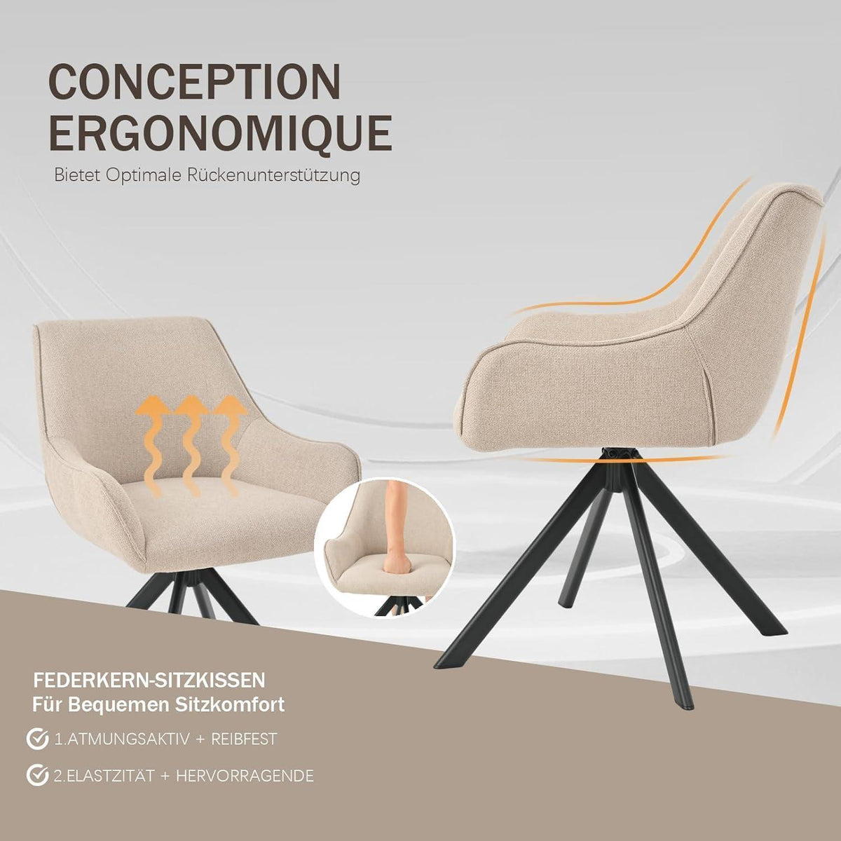 Drehbarer Esszimmerstuhl Set 6er – Beige, Modern & Komfortabel