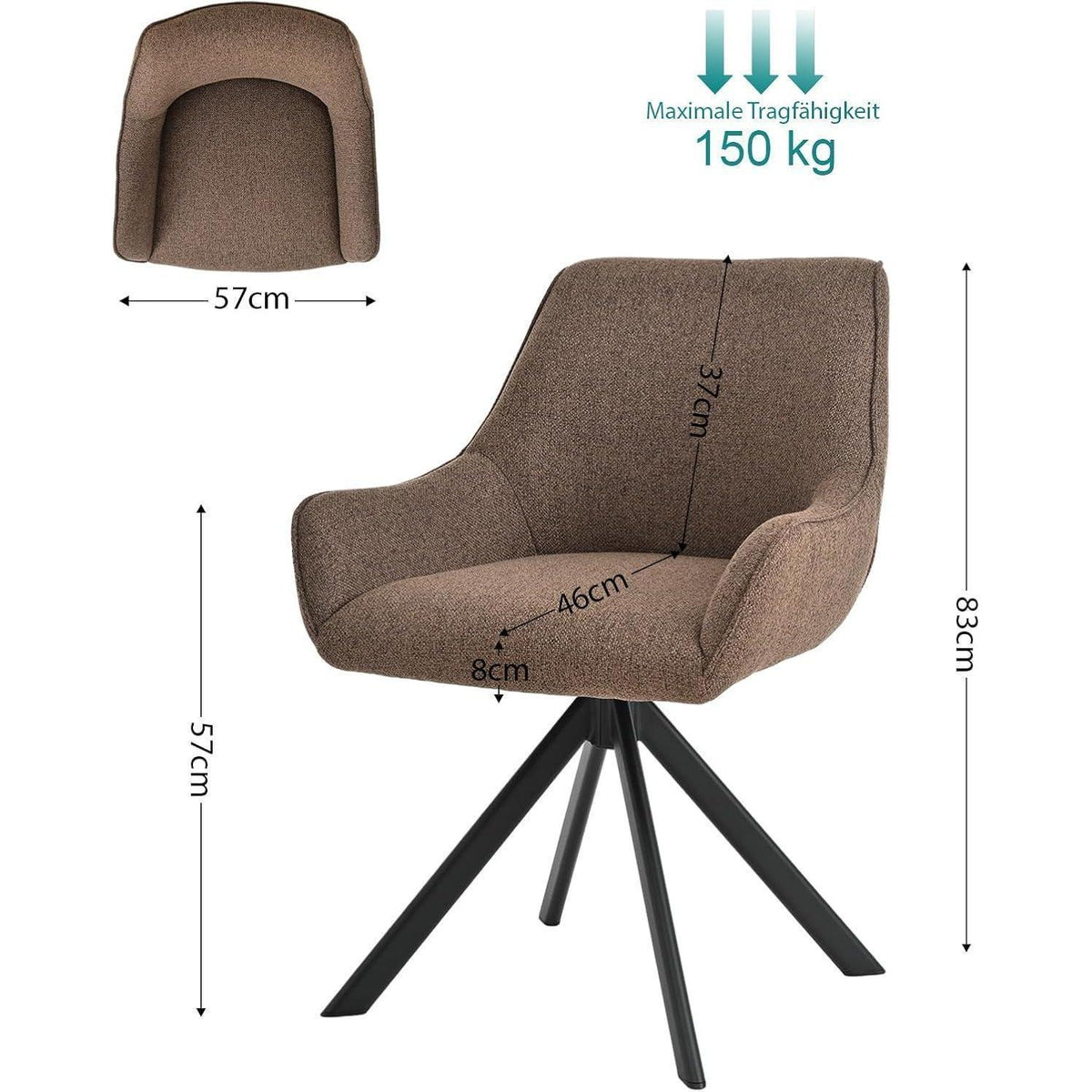 Drehbarer Esszimmerstuhl Set 4er – Polsterstuhl mit Armlehne Braun