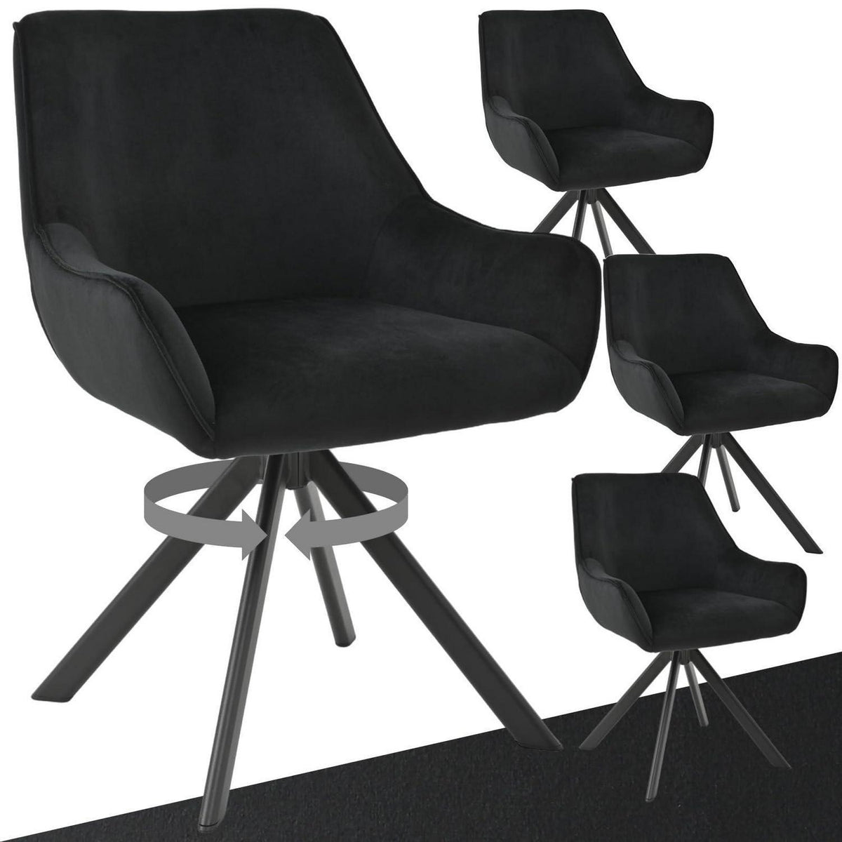 Drehbarer Esszimmerstuhl Set 4er – Samt, Schwarz, Modern
