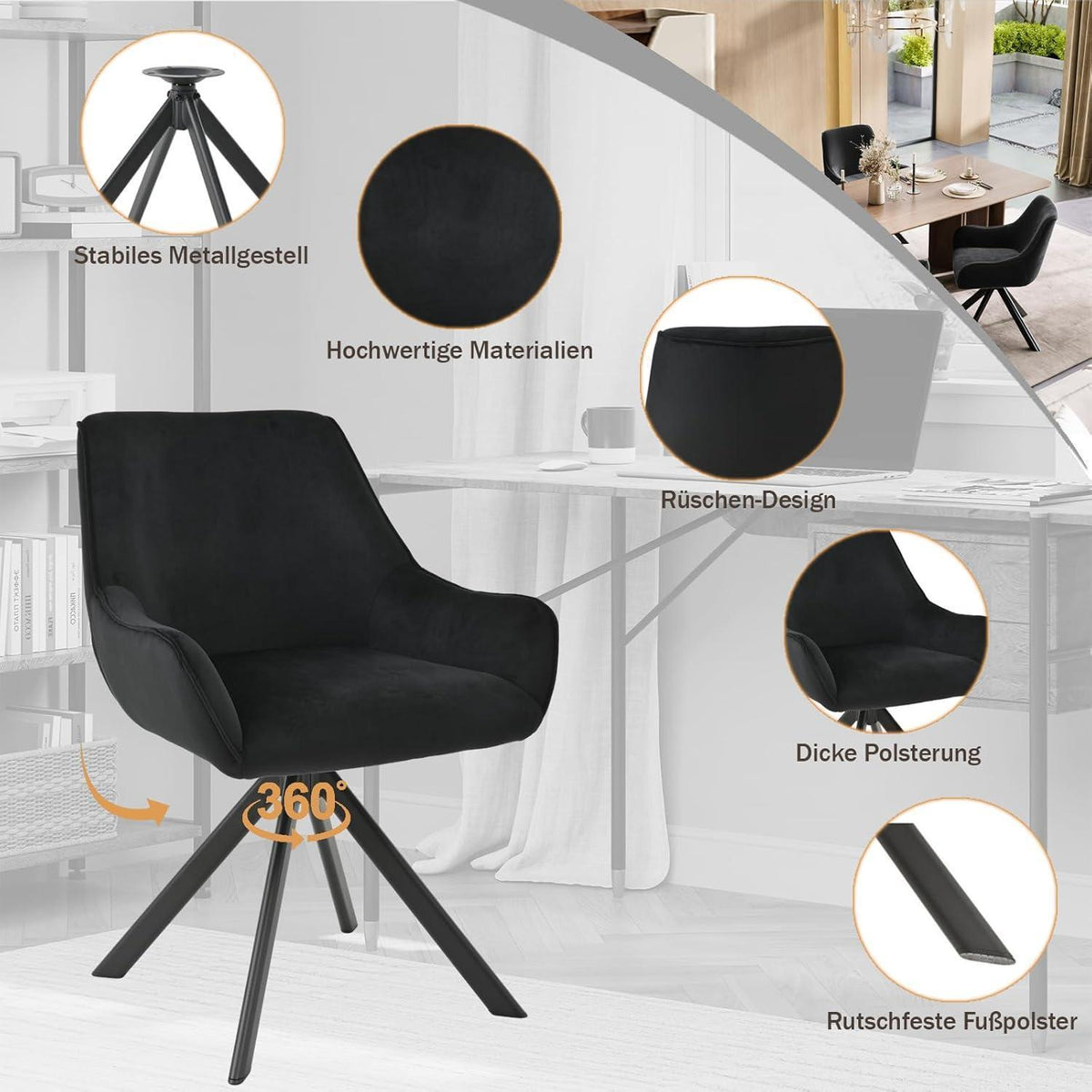 Drehbarer Esszimmerstuhl Set 4er – Samt, Schwarz, Modern